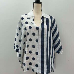 Made in Italy Linen Tunic | Polka Dot & Stripe | V-Neck | Relaxed Fit | M